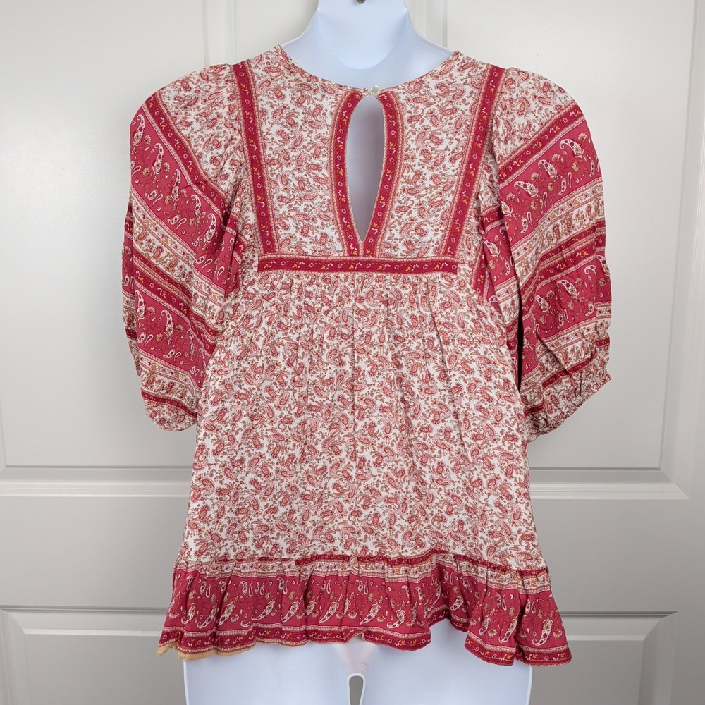 Romantic Red Paisley Peasant Blouse Top Boho Tassel Keyhole Puff Sleeve Sz Small - Picture 5 of 9